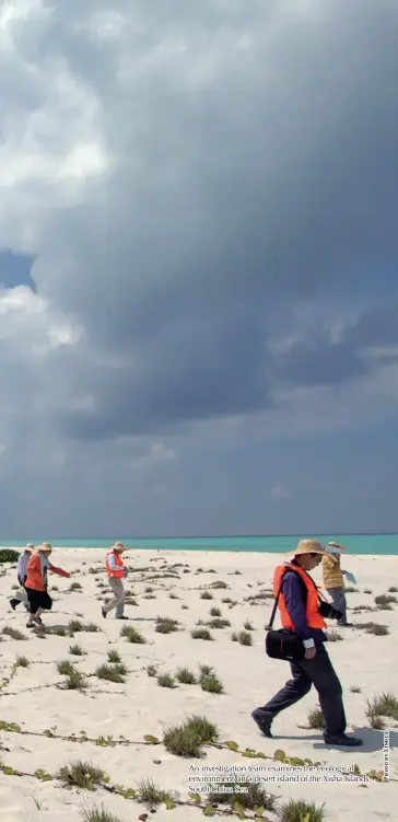  ??  ?? An investigat­ion team examines the ecological­environmen­t on a desert island of the Xisha Islands, South China Sea