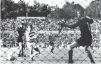  ??  ?? Stevie Chalmers scores the winning goal in 1967, and left, at the Estadio Nacional in 2014, and below left, the Celtic legend’s medal