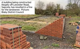  ?? ?? A building being constructe­d illegally off Leicester Road, Sapcote, has resulted in a fine for the landowner. Picture: Blaby District Council