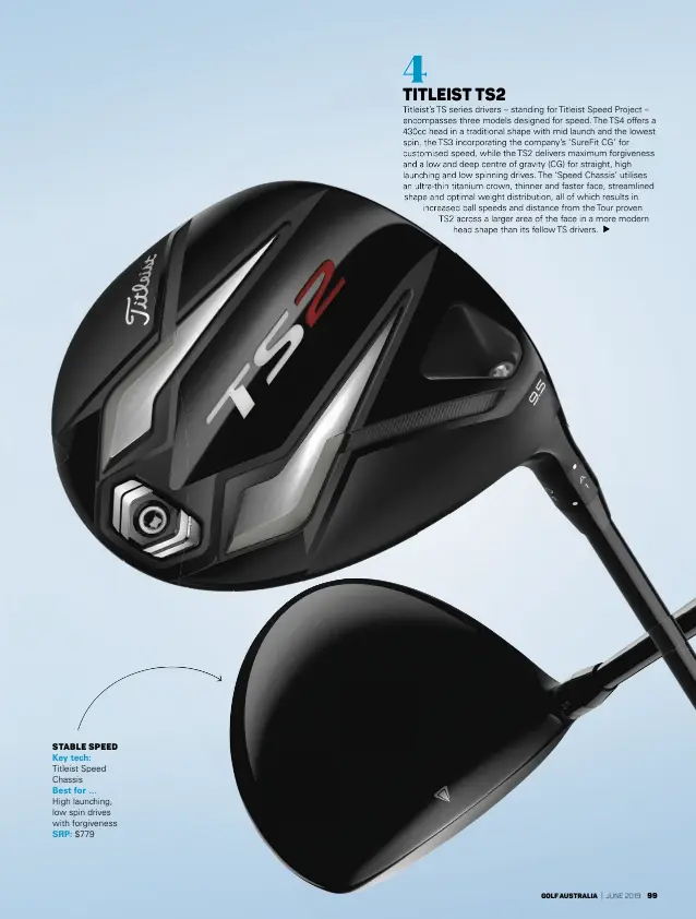  ??  ?? Stable Speed Key tech: Titleist Speed Chassis Best for … High launching, low spin drives with forgivenes­s SRP: $779