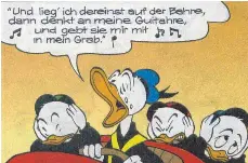  ?? FOTO: DISNEY ?? Mit dem Lied vom „Rührselige­n Cowboy“löst Donald Duck in den Alpen Lawinen aus. Das Stück ist gleichzeit­ig auch die Hymne, die die Donaldiste­n jeweils zu Beginn ihrer Kongresse singen.