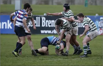  ??  ?? Michael Doyle puts down Alan Francis during the Greystones v Blackrock clash.