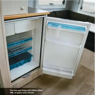  ??  ?? The two-way fridge (12v/240v) offers 136L of space and a freezer