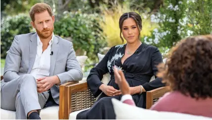  ?? JOE PUGLIESE/HARPO PRODUCTION­S ?? The Duke and Duchess of Sussex during their interview with Oprah Winfrey