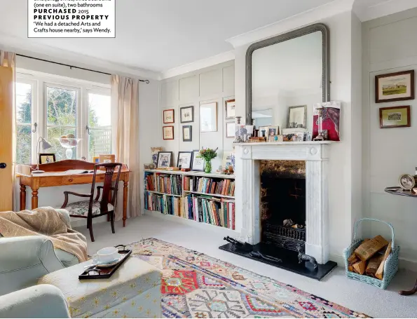  ??  ?? SITTING ROOM
‘Adding wall panelling introduced a period feel,’ says Wendy. Walls in Strong White estate emulsion, £49.50 for 2.5ltr; panelling in Shadow White estate eggshell, £67 for 2.5ltr, both Farrow & Ball. Antique French style overmantel mirror, £369, Homes Direct 365, would work here. For log carrier baskets, from £48, try Marquis & Dawe