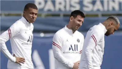  ??  ?? FROM LEFT: Paris St-Germain frontline Kylian Mbappe, Lionel Messi and Neymar