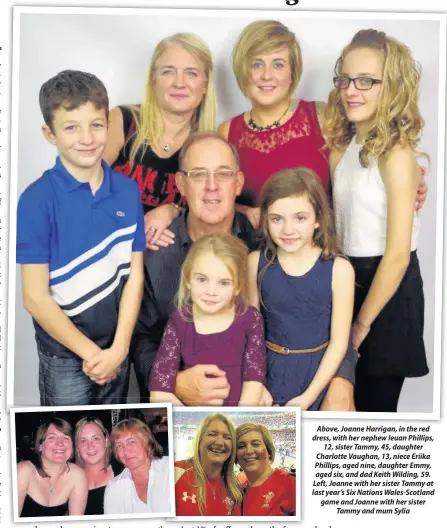  ??  ?? Above, Joanne Harrigan, in the red dress, with her nephew Ieuan Phillips, 12, sister Tammy, 45, daughter Charlotte Vaughan, 13, niece Eriika Phillips, aged nine, daughter Emmy, aged six, and dad Keith Wilding, 59. Left, Joanne with her sister Tammy at...