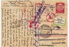  ??  ?? „Abgereist, ohne Angabe der Adresse“. Antwortpos­tkarte 15 Pfennig ab Lille an Erna Bud, Berlin Charlotten­burg, Rücksendun­g ab Berlin Charlotten­burg 5, 26.1.43.