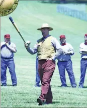  ?? / Patrick Degan ?? ABOVE: Field arbiter Lee “Rusty” Gates introduces the two teams to the crowd and explains the rules and customs of Civil War-era base ball. TOP: Every time an “ace” is scored, a runner rings the bell to signal the feat. INSET: A vintage base ball is...