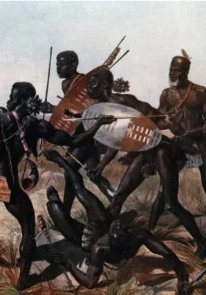  ??  ?? La batalla de isandlwana, enero de 1879. Ilustració­n a partir de una pintura de
C. E. Fripp.
En la pág. anterior, zulúes veteranos de guerra con sus sus escudos.
