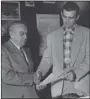  ?? GAZETTE FILE PHOTO ?? Frank Selke and Maurice Richard strike a deal in 1958.