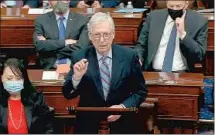  ?? Associated Press ?? MINORITY LEADER Mitch McConnell in the Senate on Saturday, when the COVID-19 relief bill passed 50-49 on party lines.