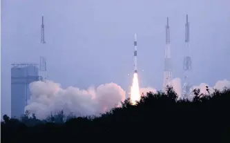  ??  ?? A POLAR Satellite Launch Vehicle blasts off from Sriharikot­a, a barrier island off the Bay of Bengal coast, India, late last year.