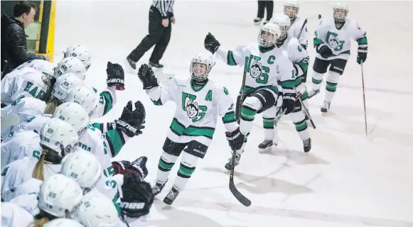  ?? KAYLE NEIS ?? The U of S Huskies women’s hockey team, shown celebratin­g after a goal last month, will face Saint Mary’s on Thursday at the U Sports national championsh­ip in London, Ont.