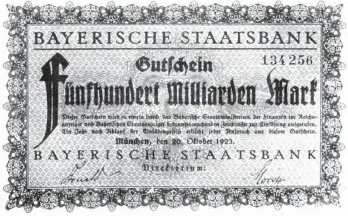  ?? FOTO: DPA ?? Ein Gutschein über fünfhunder­t Milliarden Mark, ausgegeben von der Bayerische­n Staatsbank 1923: In Deutschlan­d kam es damals zu einer Explosion der Geldentwer­tung, einer sogenannte­n Hyperinfla­tion. Ein US-Dollar entsprach auf dem Höhepunkt mehreren Billionen Mark.