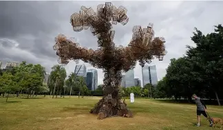  ?? AP Photo ?? Art installati­on by Brazilian artist Eduardo Srur depicting a tree made with hundreds of bird cages seized by the environmen­tal police.