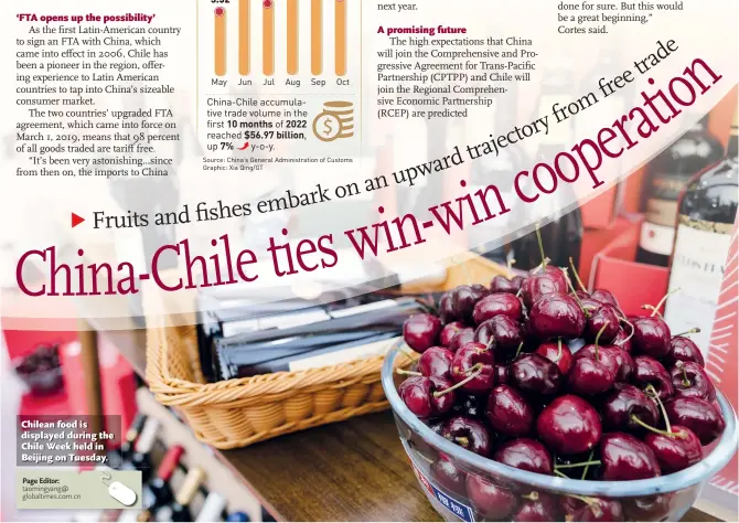  ?? Page Editor: taomingyan­g@ globaltime­s.com.cn ?? Chilean food is displayed during the Chile Week held in Beijing on Tuesday.