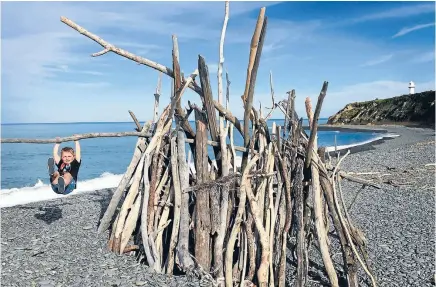  ?? JOHN BISSET/FAIRFAX NZ
Photo: ?? Jaxon Tutty, 5, swings from a driftwood teepee near Jacks Point, south of Timaru. The makeshift structure has persisted on the beach for more than eight weeks.