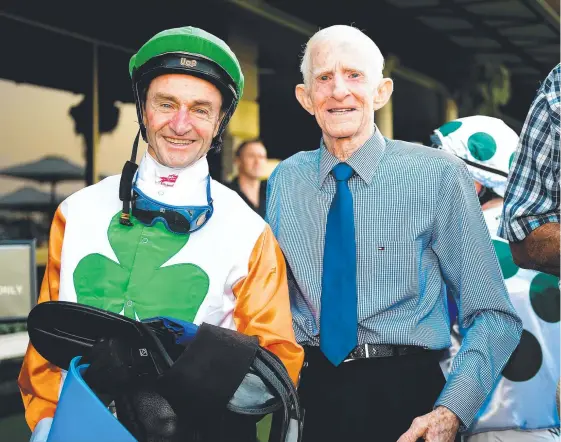  ??  ?? Veteran jockey Ron Goltz, 57, and trainer Barry Squair, 79, are chasing their first Weetwood Handicap. Picture: Courier-Mail/Trackside Photograph­y