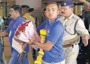  ?? AP ?? The victorious India under19 captain Prithvi Shaw on his arrival at the Mumbai airport on Monday.