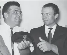  ?? The Chronicle 1968 ?? Al Gallagher (right) was the first native San Franciscan to play for the Giants. His Santa Clara coach was Sal Taormina (left).