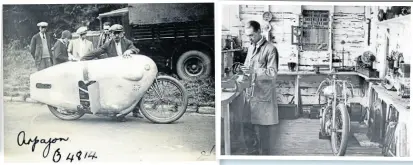  ?? ?? In 1930, Bill Lacey’s JAP V-twin raced again at Arpajon in France, now disguised as the Rovin-JAP Streamline­r.
Bill Lacey in his tuning shed at Brooklands with his Grindlay Peerless and, on the wall, a poster proclaimin­g his world record.