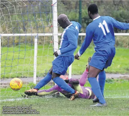  ?? Pics: Steve Bould ?? Sol Soumare taps home for Eastwood Hanley in their game with Halmerend.