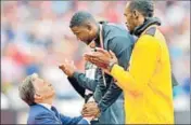  ?? AP ?? IAAF chief Sebastian Coe (left) had said he wasn’t very excited about the prospect of placing gold medal around Gatlin’s neck.