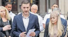  ?? [AP PHOTO] ?? Chris Gard, the father of critically ill baby Charlie Gard, finishes reading out a statement flanked by mother Connie Yates, right, at the end of their case Monday at the High Court in London.