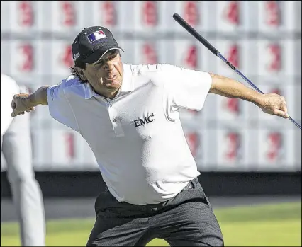  ?? DAVID WELKER / GETTY IMAGES ?? Atlanta’s Billy Andrade is pumped up after sinking his putt for par on the 18th hole Saturday to complete a round of 3-under 69 at TPC Sugarloaf in Duluth. Andrade is two shots back.