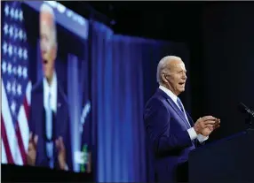  ?? (AP/Patrick Semansky) ?? President Joe Biden, shown speaking at the National League of Cities Congressio­nal City Conference in Washington on Monday, made his first in-person fundraisin­g appearance since the 2020 presidenti­al primary season.