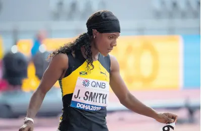  ?? GLADSTONE TAYLOR/ MULTIMEDIA PHOTO EDITOR ?? Jonielle Smith moments after competing in the women 100 metres at the 2019 IAAF World Athletic Championsh­ips at the Khalifa Internatio­nal Stadium in Doha on September 23, 2019.