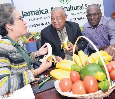  ?? BROWN/PHOTOGRAPH­ER RUDOLPH ?? Lenworth Fulton (centre), president of the Jamaica Agricultur­al Society (JAS), and Christophe­r Emanuel (right), chief executive officer of JAS, in a lively discussion with Andrene Collings, acting permanent secretary in the Ministry of Industry, Commerce, Agricultur­e and Fisheries, at the JAS’ launch of the15th anniversar­y of the Eat Jamaican Campaign 2018, at the head office of the JAS, 67 Church Street, yesterday.