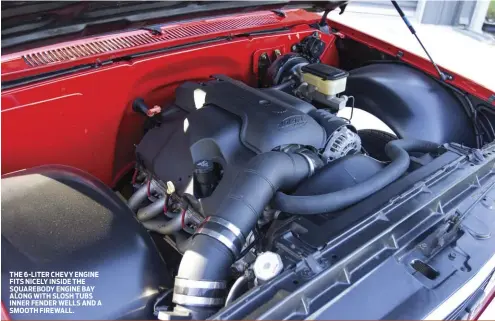  ??  ?? THE 6-LITER CHEVY ENGINE FITS NICELY INSIDE THE SQUAREBODY ENGINE BAY ALONG WITH SLOSH TUBS INNER FENDER WELLS AND A SMOOTH FIREWALL.