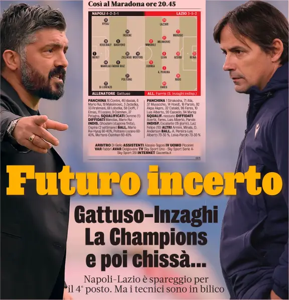  ?? GETTY GDS GETTY ?? Trionfo in Coppa Rino Gattuso, 43 anni, è arrivato a Napoli nel dicembre 2019 per sostituire Ancelotti. Con lui, il club ha conquistat­o la coppa Italia nello scorso giugno
Laziale da 22 anni Simone Inzaghi, 45 anni, tecnico biancocele­ste dal 2016. È arrivato alla Lazio nel 1999. È stato prima giocatore e poi allenatore delle giovanili del club romano