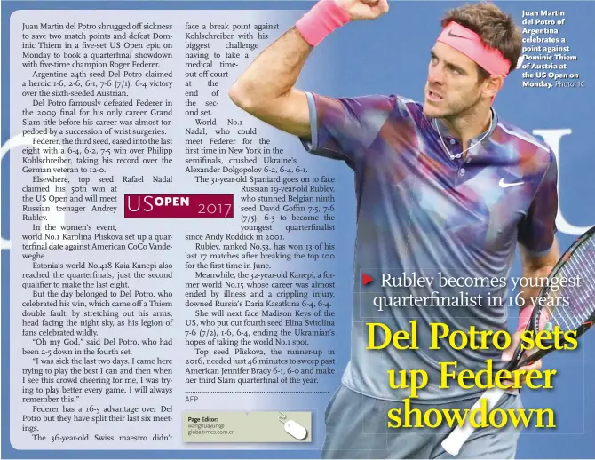  ?? Photo: IC ?? Juan Martin del Potro of Argentina celebrates a point against Dominic Thiem of Austria at the US Open on Monday.