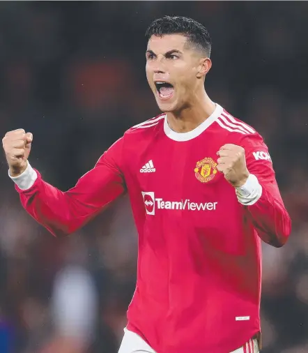  ?? ?? Cristiano Ronaldo celebrates Manchester United’s Champions League win over Villarreal at Old Trafford. Picture: Getty