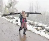  ?? WASEEM ANDRABI/HT ?? A man carries a log after a fresh downpour on the outskirts of Srinagar on Thursday.