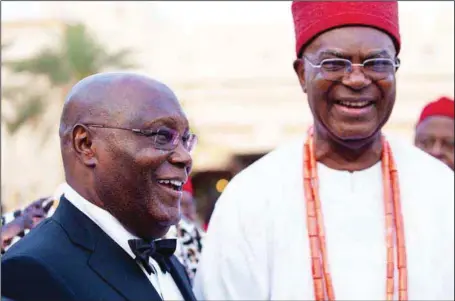  ??  ?? Former Vice President Atiku Abubakar (left), and Obi of Onitsha, Igwe Alfred Nanaemeka Achebe (Agbogidi), at the wedding ceremony of Anthony Chuka-Douglas and Whitney Erin Woods in Dubai, United Arab Emirates....recently