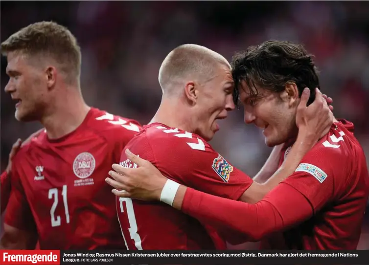  ?? FOTO: LARS POULSEN ?? Fremragend­e
Jonas Wind og Rasmus Nissen Kristensen jubler over førstnaevn­tes scoring mod Østrig. Danmark har gjort det fremragend­e i Nations League.