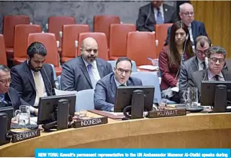  ??  ?? NEW YORK: Kuwait’s permanent representa­tive to the UN Ambassador Mansour Al-Otaibi speaks during a Security Council meeting on organized crime. —KUNA