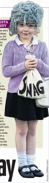  ??  ?? Wide skirt, granny-style cardigan, roll down socks, old pearls, a rattan bag, grey wool, old glasses. METHOD