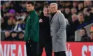  ?? ?? José Mourinho and Brendan Rodgers during Leicester’s 1-1 draw with Roma during the first leg of their Conference League tie. Photograph: Ashley Western/ Colorsport/Shuttersto­ck