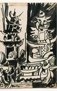  ??  ?? This Pagoden (1961) sketch is the genesis of the Pago Pago series. This was inspired after Latiff visited the ethnologic­al Museum of Berlin, famed for its collection of non-western arts and crafts. he was fascinated by the museum’s collection of Oceanic, Mayan and asian artefacts.