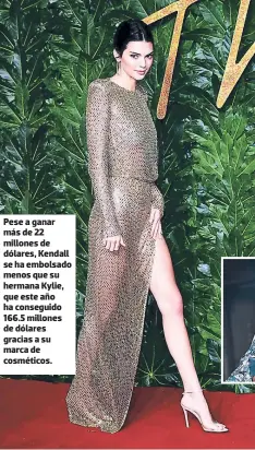  ??  ?? Pese a ganar más de 22 millones de dólares, Kendall se ha embolsado menos que su hermana Kylie, que este año ha conseguido 166.5 millones de dólares gracias a su marca de cosméticos.