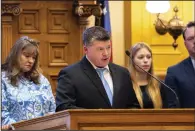  ?? (AP/Atlanta Journal-Constituti­on/Arvin Temkar) ?? Jason Riley, father of slain nursing student Laken Riley, speaks in front of the Senate Wednesday at the state Capitol in Atlanta.