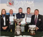  ??  ?? Louth and proud:Pictured at the launch of the 2018 Dundalk Scratch Cup sponsored by One Finance were (from left) Pat Cleary (Lady Captain); Martin McDonnell (One Finance), Caolan Rafferty (Dundalk &amp; Ireland), Niall McDonnell (One Finance) and Gerry Byrne (Captain)