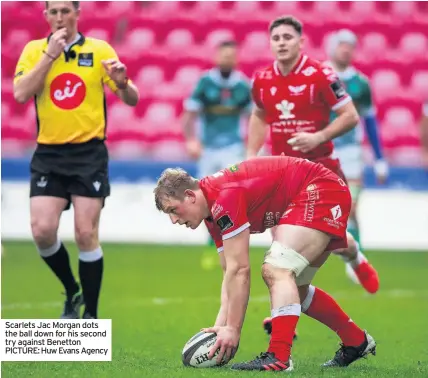  ??  ?? Scarlets Jac Morgan dots the ball down for his second try against Benetton PICTURE: Huw Evans Agency