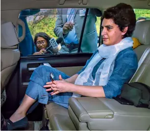  ?? PTI ?? Priyanka Gandhi Vadra leaves after accompanyi­ng her husband Robert Vadra to the Enforcemen­t Directorat­e office for questionin­g in a money laundering case in New Delhi on Wednesday. —