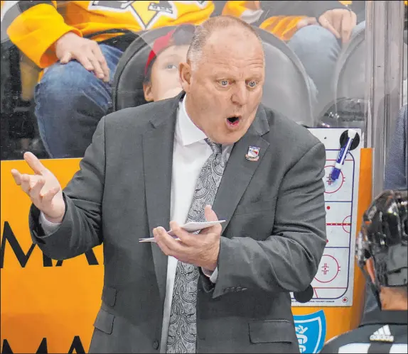  ?? Gene J. Puskar The Associated Press ?? New York Rangers coach Gerard Gallant, who took the Knights to the 2018 Stanley Cup Final, talks with referee TJ Luxmore during the third period of Game 6 against the Penguins in their Stanley Cup first-round playoff series. The teams play Game 7 today.